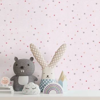 کاغذ دیواری کودک پمپو طرح ستاره باران صورتی کد 12023