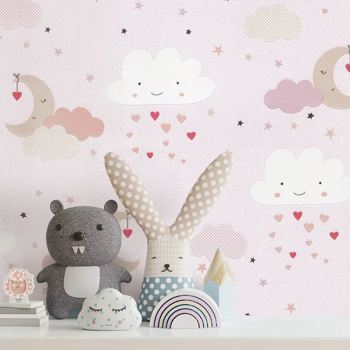 کاغذ دیواری کودک پمپو طرح آسمان ابری صورتی کد 12021