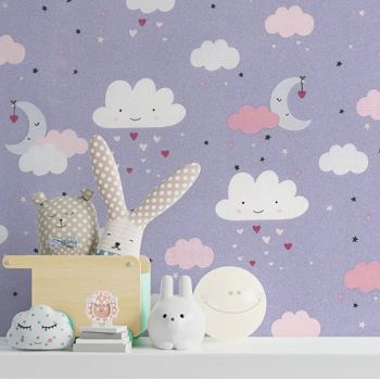 کاغذ دیواری کودک پمپو طرح آسمان ابری بنفش کد 12017